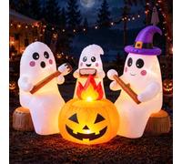 Décorations gonflables d'Halloween gonflables, fantômes mignons rôtissant des guimauves au-dessus d'un feu de camp, LED intégrées pour fête de vacances, jardin, pelouse, cour, patio