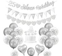 Décorations mariage argent, décorations anniversaire mariage 25 ans ballons Happy 25th Anniversary ballons blancs argentés ballon cœur 25 Silver Wedding Cake Topper