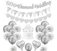 Décorations mariage diamant, décorations anniversaire mariage 60 ans ballons Happy 60th Anniversary ballons blancs argentés ballons cœur 60 Diamond Wedding Cake Topper
