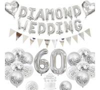 Décorations Mariage Diamant, Décorations Anniversaire Mariage 60 ans Ballons Happy 60th Anniversary Ballons Blancs Argent Métalliques Bannière 60 Diamond Wedding Cake Topper