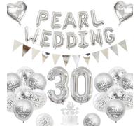 Décorations Mariage Perle, Décorations Anniversaire Mariage 30 ans Ballons Happy 30th Anniversary Ballons Blancs Argent Métalliques Bannière 30 Pearl Wedding Cake Topper