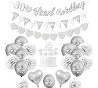 Décorations mariage perle, décorations anniversaire mariage 30 ans ballons Happy 30th Anniversary ballons blancs argentés ballons cœur 30 Pearl Wedding Cake Topper