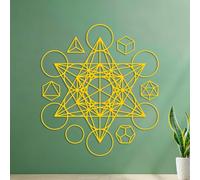 Décorations murales en vinyle Cube de Métatron Étoile Sainte Tétraèdre Feu Terre Air Eau Univers 42x47cm Stickers pour vitres Jaune