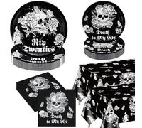 Décorations noires « Death To My 20s » - Décorations noires pour 30e anniversaire comprenant des assiettes en carton Rip to my 20s, des serviettes, une nappe de tête de mort pour fête d'Halloween,
