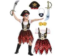 DéCorations Pirates pour Fille Pirate Costume Ensemble 5 Pièces Comprend Jupe Chapeau Bourse Couteau Jouet Cache-œIl Et 15 PièCes d'or, DéGuisement Halloween Carnival Enfant 5-11 Ans (3-4 Years)
