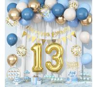Décorations pour 13e anniversaire - Bleu poussiéreux, crème, blanc, or - 13 ballons « Happy 13th Birthday » - Bannière pour gâteau - Ballon en aluminium pour treize anniversaires
