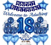 Décorations pour 18e anniversaire garçon bleu - 31 pièces de décoration « Happy 18th Birthday » avec bannière « Welcome To Adulting » 18 officiellement adultes Décoration de gâteau Ballons confettis