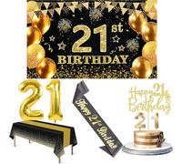 Décorations pour 21e anniversaire pour elle et lui avec bannière de 21e anniversaire, nappe noire et dorée, ballons en chiffres, écharpe à paillettes noires, décoration de gâteau et bougies