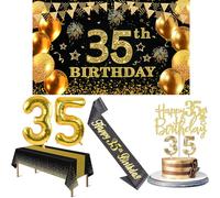 Décorations pour 35e anniversaire hommes et femmes avec bannière 35e anniversaire, nappe noire et dorée, ballons en chiffres, écharpe à paillettes noires, décoration de gâteau et bougies