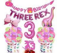 Décorations pour 3e anniversaire sur le thème des dinosaures - Lot de 35 ballons roses « Happy Birthday » avec trois lettres Rex, brachiosaure, nœud en aluminium, ballons imprimés dinosaures pour fête