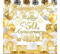 Décorations pour 50e anniversaire de mariage, bannière « Happy Golden Wedding Anniversary » - Décoration de gâteau - Confettis en nid d'abeille - Pompons en papier pour fête