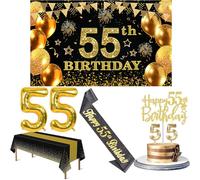 Décorations pour 55e anniversaire hommes et femmes avec bannière de 55e anniversaire, nappe noire et dorée, ballons en chiffres, écharpe à paillettes noires, décoration de gâteau et bougies