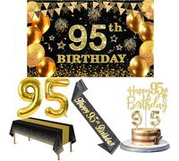 Décorations pour 95e anniversaire hommes et femmes avec bannière 95e anniversaire, nappe noire et dorée, ballons en chiffres, écharpe à paillettes noires, décoration de gâteau et bougies