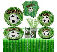 Décorations pour fêtes d'anniversaire de football pour 20 invités, y compris assiettes à manger, assiettes à dessert, tasses, serviettes, nappes, pailles, pour fêtes d'anniversaire sur le thème du