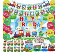 Décorations pour la fête du train, bannière de joyeux anniversaire, dessus de gâteau, toile de fond d'anniversaire, centres de table en nid d'abeille, la fête du train Fournitures la fête du véhicule