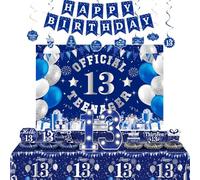 Décorations pour le 13e anniversaire d'un garçon, kit complet pour une fête d'anniversaire d'adolescent de 13 ans, bannière « HAPPY BIRTHDAY» bleue et argentée, nappe, lumineuses à DEL bleue 13