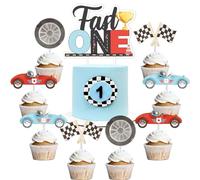 Décorations pour le 1er anniversaire de Fast One, 25pcs Race Car 1st Birthday Cake and Cupcake Toppers, Racing Car Birthday Cake Decorations for Vintage Fast One Retro Race Car Let's Go Racing Party
