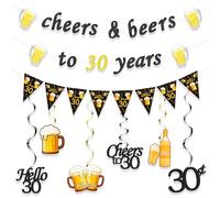 Décorations pour un 30e anniversaire (homme) sur le thème « Black Gold Dirty » (9 pièces) : banderole « Cheers & Beers to 30 Years », guirlande de fanions triangulaires et décorations à paillettes.