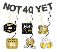 Décorations pour un 39e anniversaire, décorations d'anniversaire pour hommes, bannière « Pas encore 40 ans » à suspendre, spirales et paillettes noires, fournitures décoratives adaptées à une