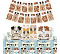 Décorations pour une fête sur le thème du chien, comprenant une bannière d'anniversaire, des assiettes en papier, une nappe, des serviettes et des gobelets pour l'anniversaire d'un enfant, pour 20