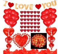 Décorations romantiques - Kit de décorations de ballons en forme de pétales de bougies - 50 bougies parfumées en forme de cœur rouge, 1 000 pétales de rose rouge, ballons en aluminium pour décoration
