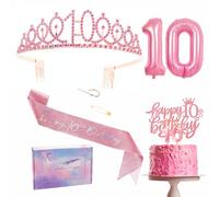Décorations roses pour 10e anniversaire de fille - écharpe, diadème, décoration de gâteau, ballons, bougies et cadeaux