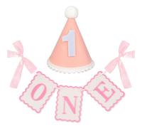 Décorations roses pour 1er 1er anniversaire pour filles - Bannière festonnée et chapeau à pompons en feutre rose poudré pour première année, guirlande de chaise haute pour gâteau
