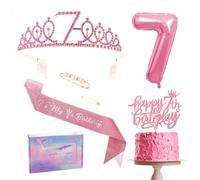 Décorations roses pour 7e anniversaire - Écharpe, diadème, décoration de gâteau, ballon, bougie et cadeaux pour fille