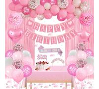Décorations roses pour anniversaire, décorations de fête roses avec bannière joyeux anniversaire, ballons, nappe, rideau à franges, couronne, ruban, ballon en aluminium en forme de cœur et d'étoile