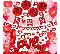 Décorations rouges de Saint-Valentin, bannière Be Mine et cœurs à suspendre, guirlandes XO en forme de cœur, pompons en papier rouge, pétales de rose, ballons d'amour avec ballons de Saint-Valentin