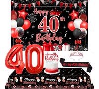 Décorations rouges et noires pour 40e anniversaire - Toile de fond « It's My 40th Bday » - Couronne à paillettes - Kit de ballons en aluminium pour femme - Fournitures de fête d'anniversaire de 40 ans