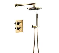 Decorations Système de Douche thermostatique Titanium Gold Round Pluasfall Shower Head System with Handhed Combo Set, Wall Down Robinet Ensemble Complet avec vanne en Laiton, 10 Pouces Beautiful
