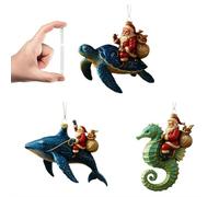 Décorations uniques à suspendre sur le thème de l'océan, Père Noël chevauchant des créatures marines aventures sur acrylique décoration côtière pour plage arbre de vacances avec corde (océan 3 pièces)
