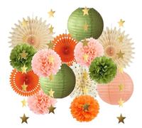 Décorations vert olive et orange en papier de soie avec guirlande d'étoiles dorées pour fête prénatale, fête prénuptiale, mariage, fête d'anniversaire rustique
