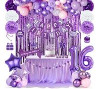 Décorations violettes pour le 16e anniversaire d'une fille, banderole Joyeux anniversaire, ballons violets, Rideau Métallique violettes, écharpe d'anniversaire, pompons pour filles
