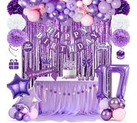 Décorations violettes pour un 17e anniversaire de fille, banderole Joyeux anniversaire, ballons violets, Rideau Métallique violettes, écharpe d’anniversaire, pompons, Sécorations Suspendues Tourbillon