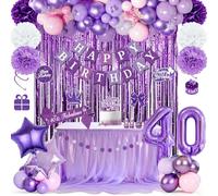 Décorations violettes pour un 40e anniversaire femme, banderole Joyeux anniversaire, ballons violets, Rideau Métallique violettes, écharpe d’anniversaire, pompons, Sécorations Suspendues Tourbillon
