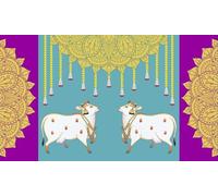 Decorative Backdrop Cloth Marigold Flower Garland with Cow and Mandala Design Curtain Cloth Hanging on Wall for Indian Traditional Festival Background Pooja Decor (Size:-96"X60")(Multicolour)
