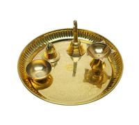 Decorative Brass Pooja Thali Set of 5 Pcs Brass Pooja 1 Plate with 1 Bowl 1 Diya 1 Bell and 1 Incense Stand for Indian Traditional Festival Decorations Temple Home Bhog Set (Thali Size:-7")