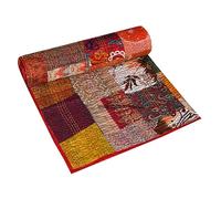 DecorAvenue Couvre-lit en soie faite à la main en patchwork Kantha, jeté de lit, couvre-lit Gudri vintage cousu à la main, couverture de plage décorative (rouge, très grand lit 274,3 x 274,3 cm avec