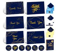 Decorbly Lot de 24 cartes de remerciement avec enveloppes et autocollants, cartes de remerciement dorées bleues et dorées, cartes de remerciement vierges bleues et dorées avec enveloppes bleues, 15,2