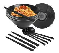 DecorDwell Lot de 4 Bols à Ramen en Mélamine de 1600ml avec Baguettes et Cuillères, Vaisselle Japonaise, 22.6 x 22.6 x 9.3cm Bol en Plastique pour Udon, Salade, Céréales, Soupe Pho