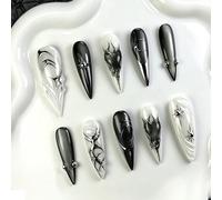 Décorez vos ongles avec le style Y2K ! 10 pièces de faux ongles de forme longue et pointue, style cool, design dégradé noir & blanc contrasté, motif minimaliste de ligne argentée, étoile & lune, style