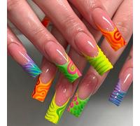 Décorez vos ongles avec le style Y2K ! 24 pièces de faux ongles à presser de forme rectangulaire longue, style Y2K, design français asymétrique rayé coloré contrasté, motif léopard jaune et vert, moti
