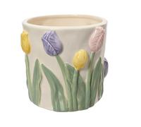 Decoris Pot de fleurs, 10,8 x 10 cm, en céramique, avec motif tulipe, pot de fleurs, pot décoratif, blanc