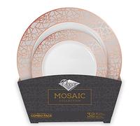 Decorline - Assiettes en Plastique Dur réutilisables de 32 pièces - Pour 16 Personnes - Collection Mosaic - Rose/Argent - Assiette vintage - pour Anniversaires, Mariages & Fêtes