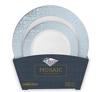 Decorline - Assiettes en Plastique Dur réutilisables de 32 pièces - Pour 16 Personnes - Collection Mosaic - Argent - Assiette vintage - pour Anniversaires, Mariages & Fêtes