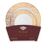 Decorline - Assiettes en Plastique Dur réutilisables de 32 pièces - Pour 16 Personnes - Collection Mosaic - Or/Rose - Assiette vintage - pour Anniversaires, Mariages & Fêtes