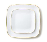 Decorline - Ensemble Vaisselles d'assiettes Plastique réutilisables de 32 pièces/Pour 16 Personnes - Classic Square - Blanc/Or - Assiettes Dîner & Entrée Dessert - 2 tailles (16x25cm & 16x18cm)