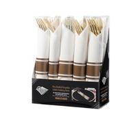 DECORLINE Lot de 10 couverts - Set de couverts en plastique élégant avec serviette pré-roulée avec couverts dorés : 10 fourchettes, 10 couteaux, 10 cuillères, 10 serviettes, 10 anneaux en papier